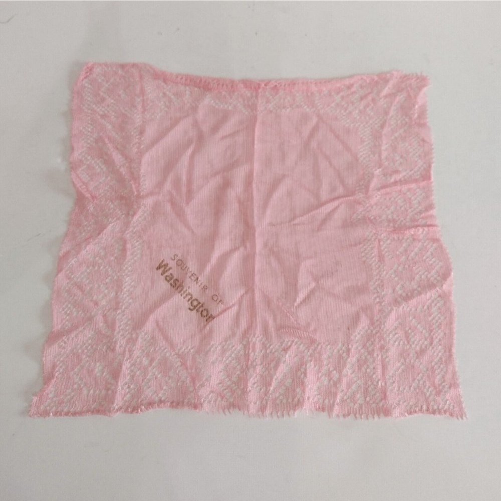Vintage Souvenir Of Washington State Hankie Hankerchief Pink Lace